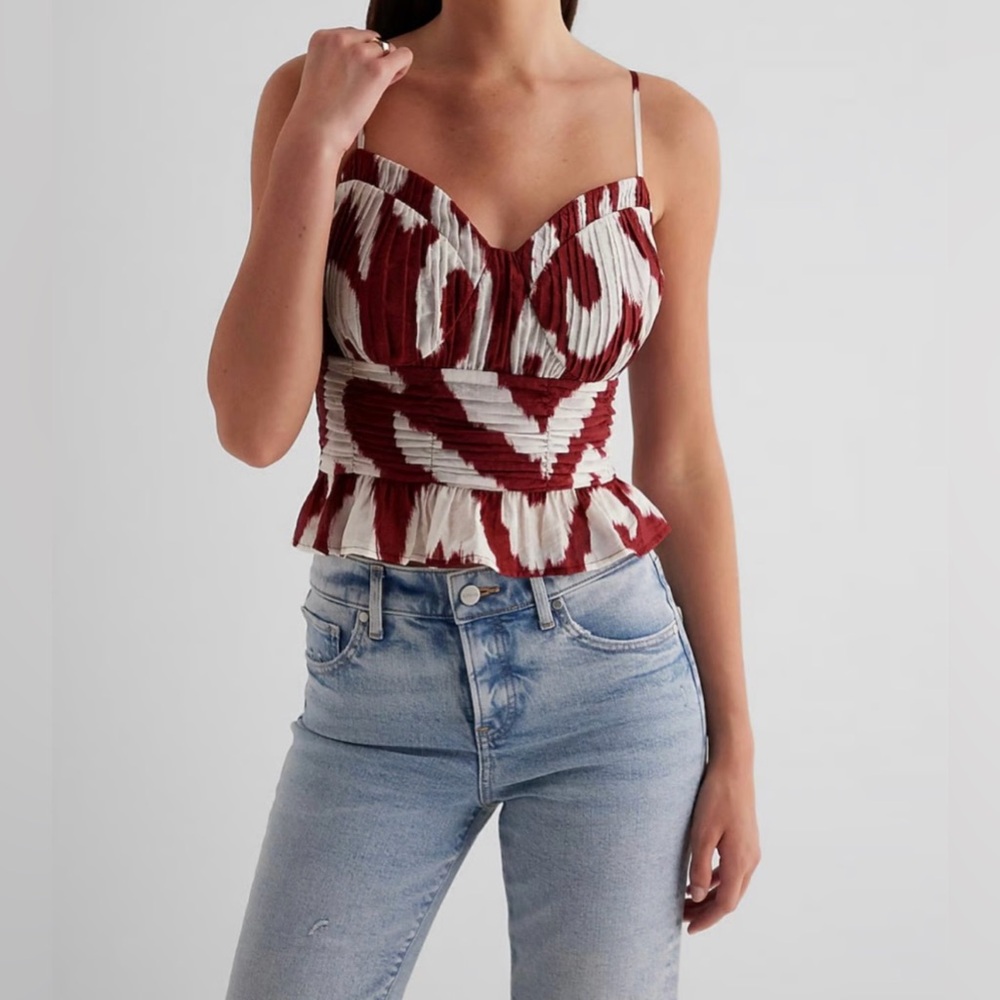 Express Women’s L Maroon & White Pleated Ruched Smocked Sleeveless Cami Top NWT